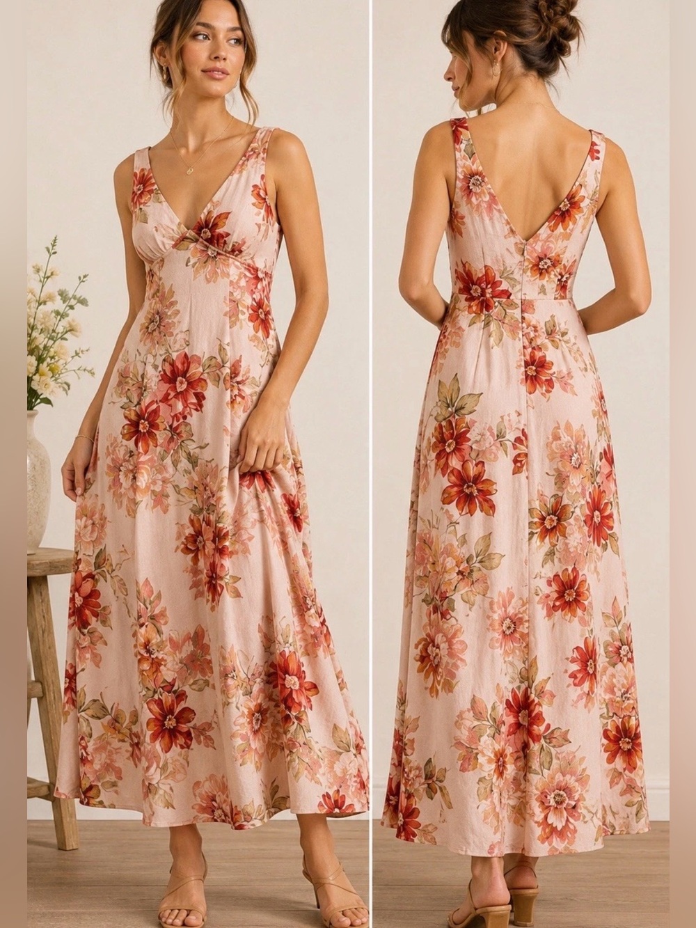 Paper Heart Autumn Warm Tone Floral V-Neck Maxi Dress Size XL Boho Chic